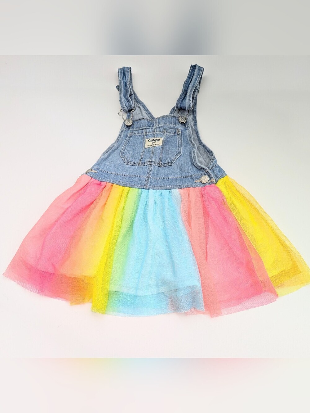 OshKosh Girls' (4T) Denim Overall Dress/Jumper with Rainbow Colored Tulle Skirt